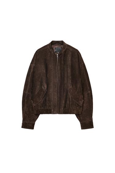 100% SUEDE LEATHER BOMBER JACKET - Chocolate brown by Zara