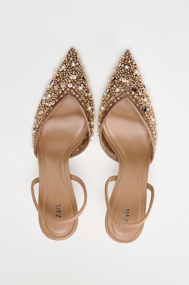 MESH AND BEAD SLINGBACK HEELS - Light beige by Zara
