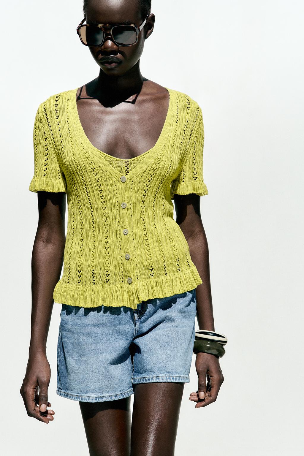 POINTELLE RUFFLED KNIT CARDIGAN