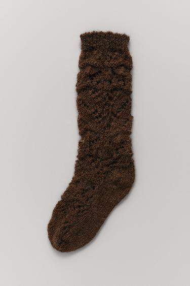 جورب محبوك سميك من الصوف والألبكة - بني by Zara