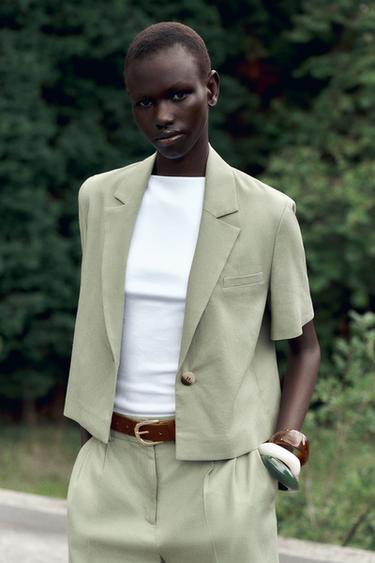 SHORT SLEEVE LINEN BLEND BLAZER - Light khaki by Zara