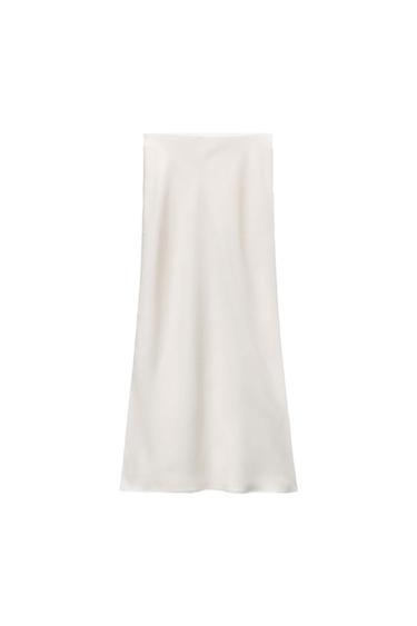 White, straight-cut, midi-length skirt, with a smooth fabric and soft drape, on a white background.