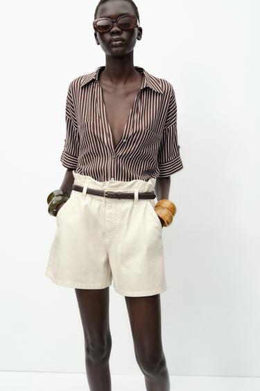 Z1975 DENIM PAPERBAG BERMUDA SHORTS WITH BELT - Ecru by Zara