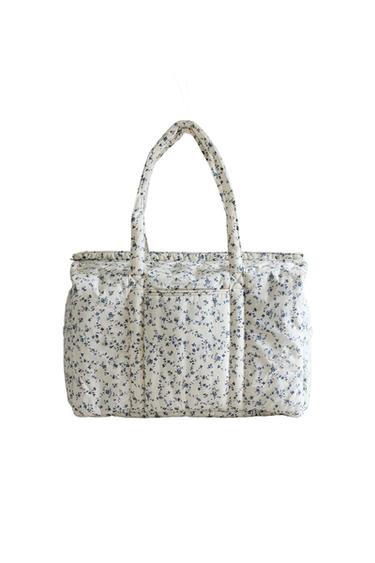 Zaras BLÅ BLOMMIG SKÖTVÄSKA I BOMULL - Blå