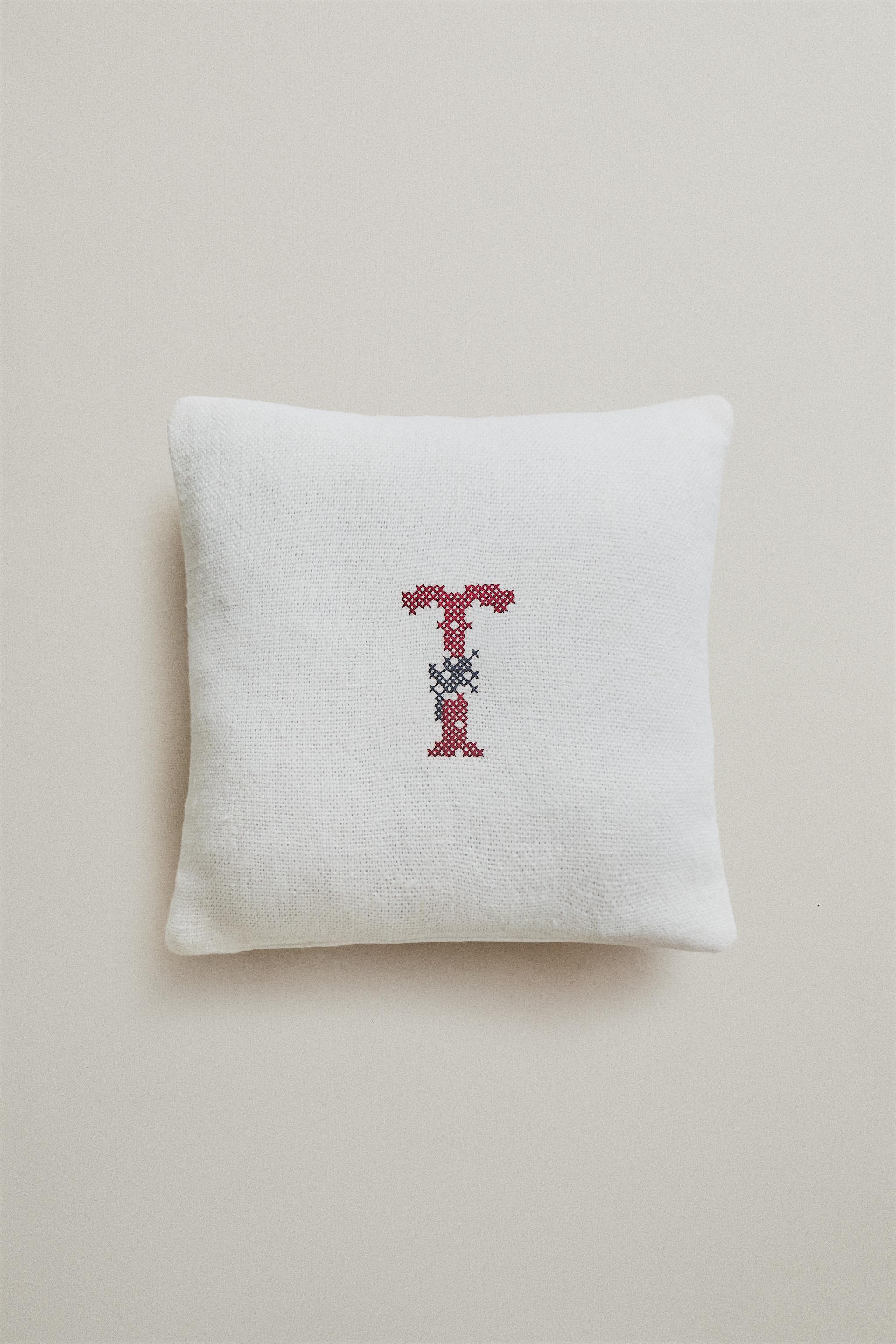 LETTER T EMBROIDERED LINEN CUSHION — Ecru