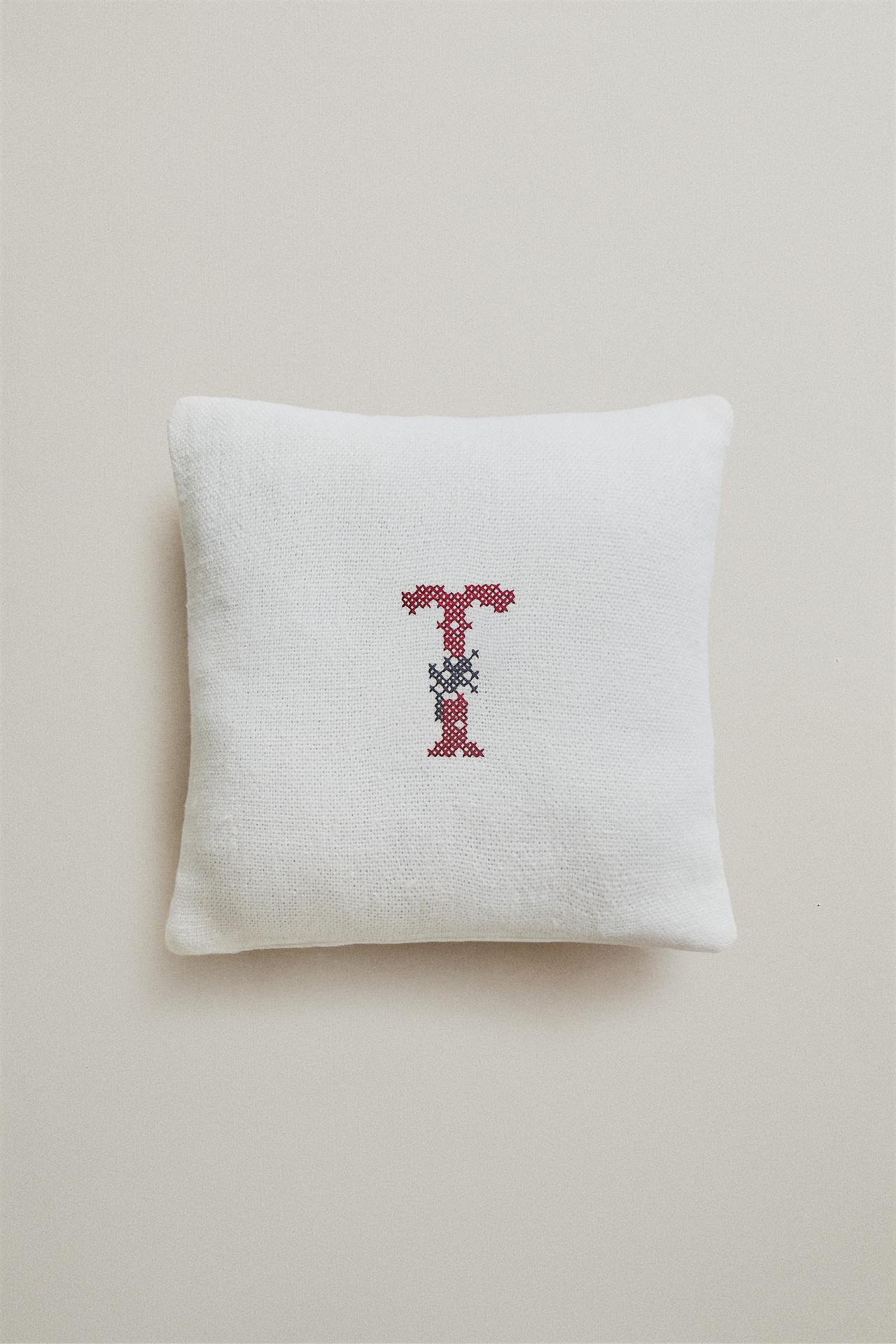 LETTER T EMBROIDERED LINEN CUSHION — Ecru