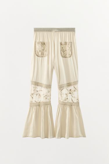 Zara COMBINATION LACE FLORAL EMBROIDERED PANTS - Oyster-white