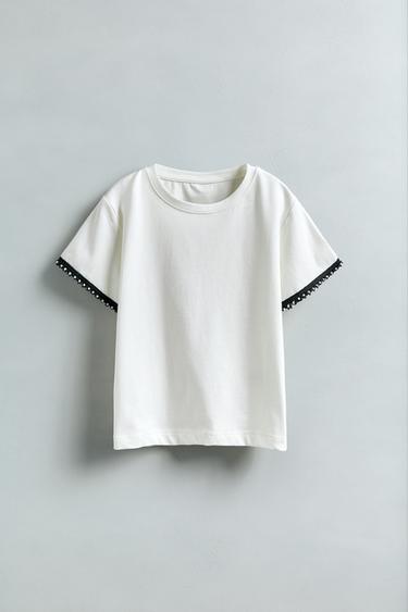 Zara T-SHIRT WITH SMALL PEARLS - Oyster-white
