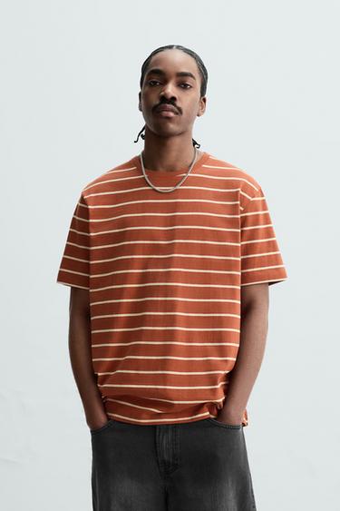 Zara BASIC MEDIUM WEIGHT T-SHIRT - Brown / Ecru