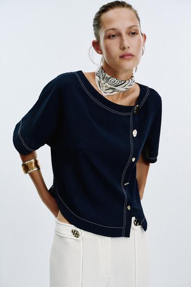 TOPSTITCHED TOP - Navy blue by Zara