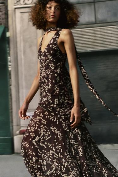 VESTIDO LARGO TUL LUNARES - Marrón / Crudo de Zara
