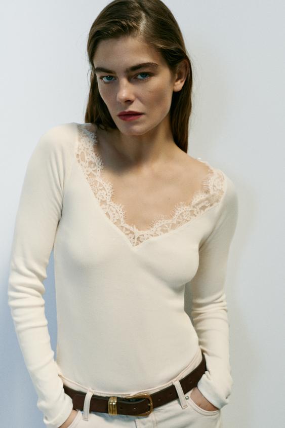 T-SHIRT CÔTELÉ COMBINÉ - Écru de Zara - Image 1