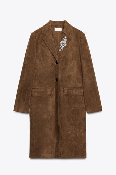 FAUX SUEDE BROOCH FROCK COAT - Tobacco Brown by Zara - Image 6