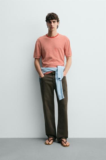 REGULAR FIT STRIPED KNIT T-SHIRT - White / Red by Zara