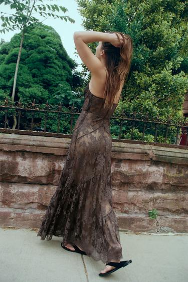 Zara LACE STRAPPY DRESS WITH RINGS - Dark brown