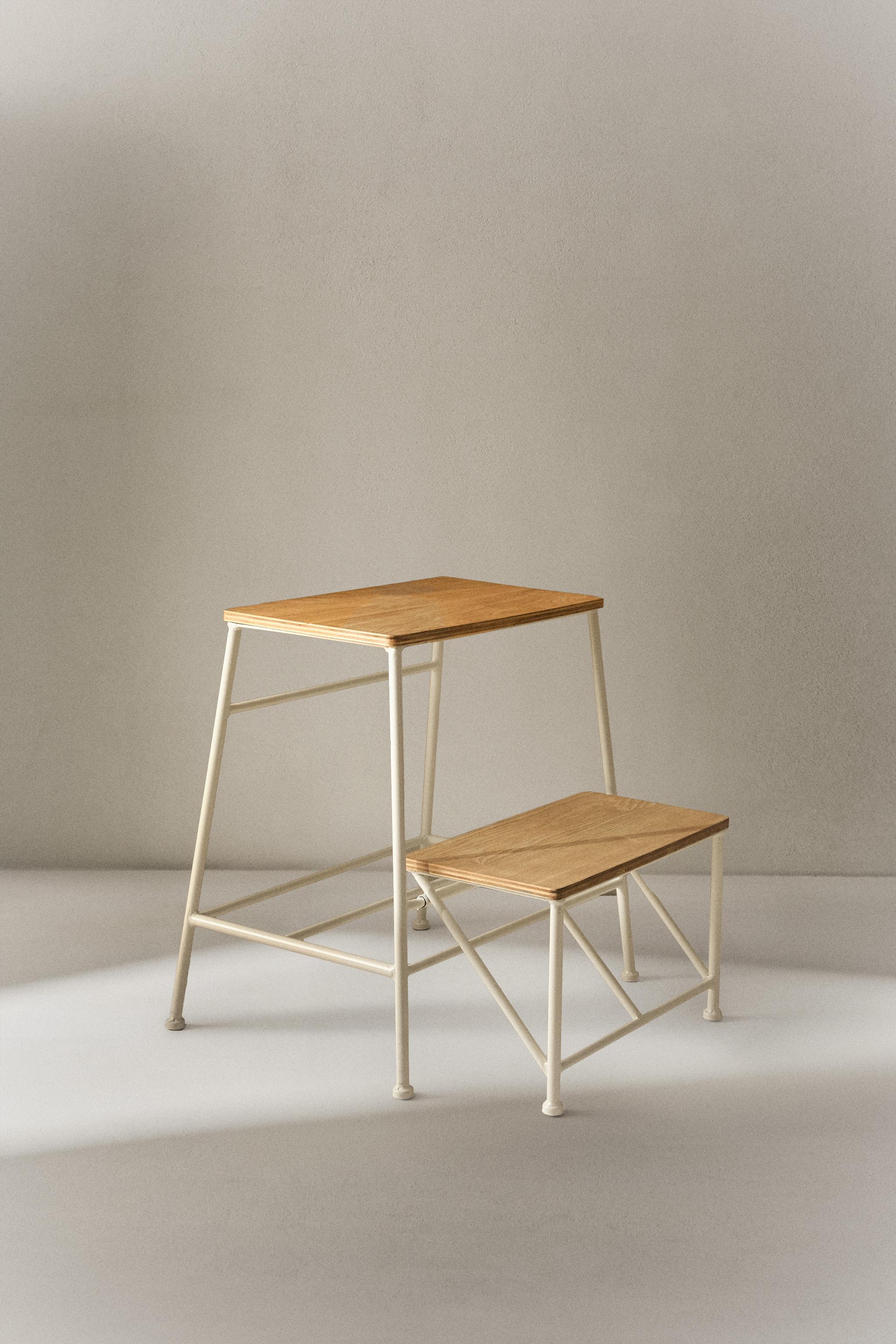 TWO-STEP WOODEN STEP STOOL — Light beige