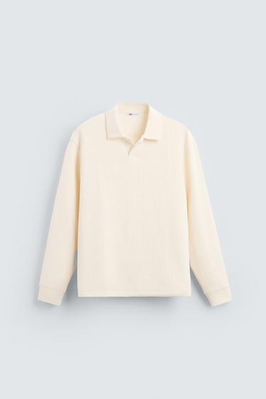 Zara RIB STRUCTURED POLO SHIRT - Ecru