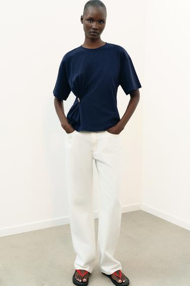 Zara HEAVY COTTON APPLIQUÉ T-SHIRT - Navy blue