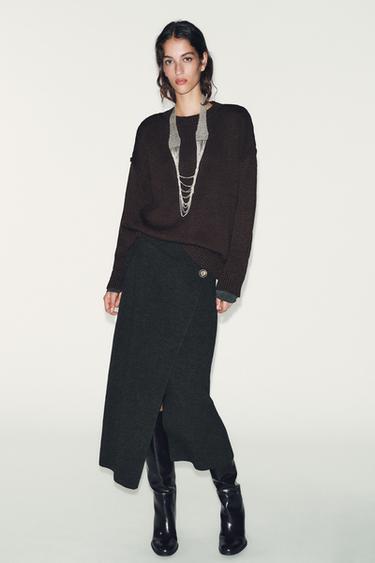 Zara KNIT WRAP MIDI SKIRT - Dark gray