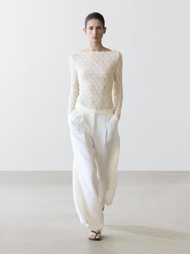 T-shirt col bateau détail dentelle - Écru de Zara - Image 0