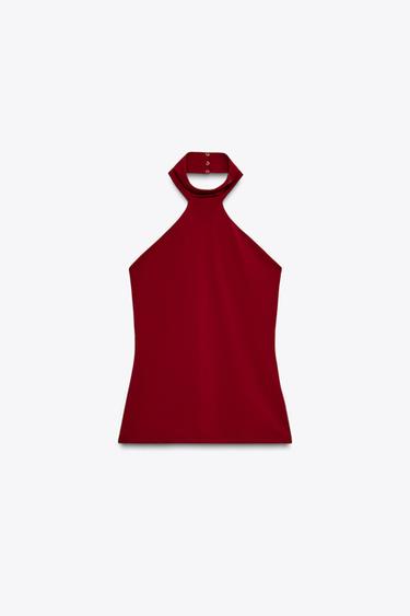 טופ קולר מבד פוליאמיד - בורדו של Zara