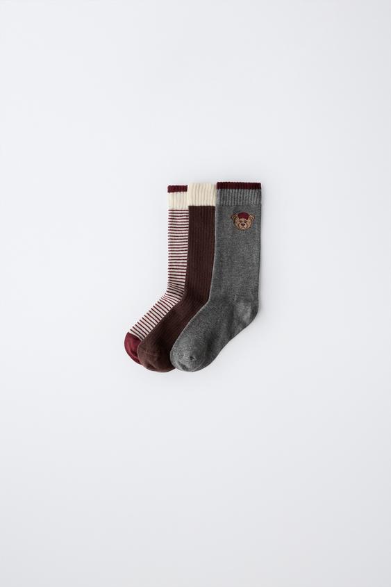 3-PACK OF BEAR AND STRIPE MID SOCKS - Burgundy de Zara - Imagen 0