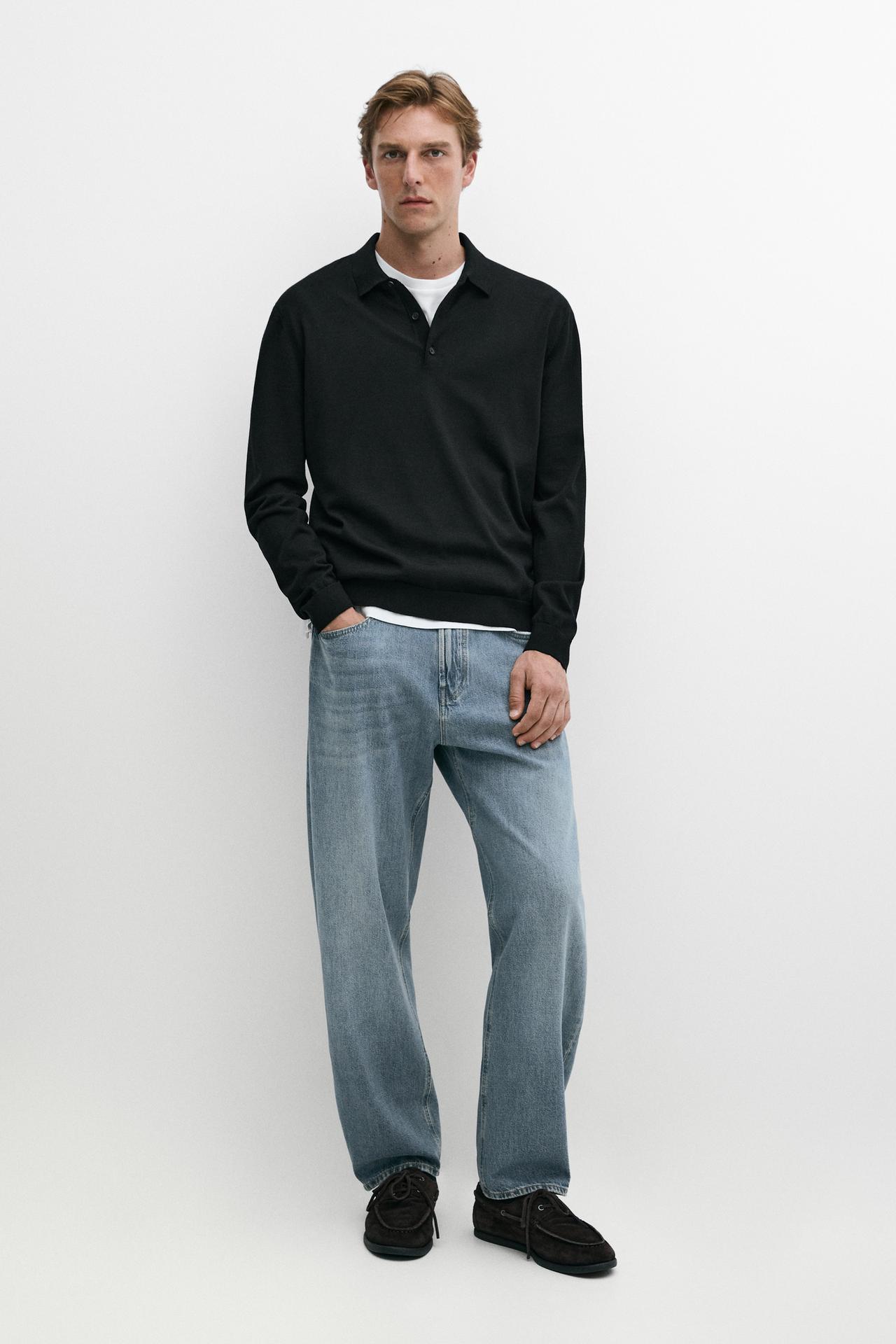 100% merino wool knit polo sweater — Black