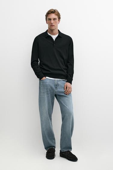Pull polo en maille 100 % laine mérinos - Noir de Zara
