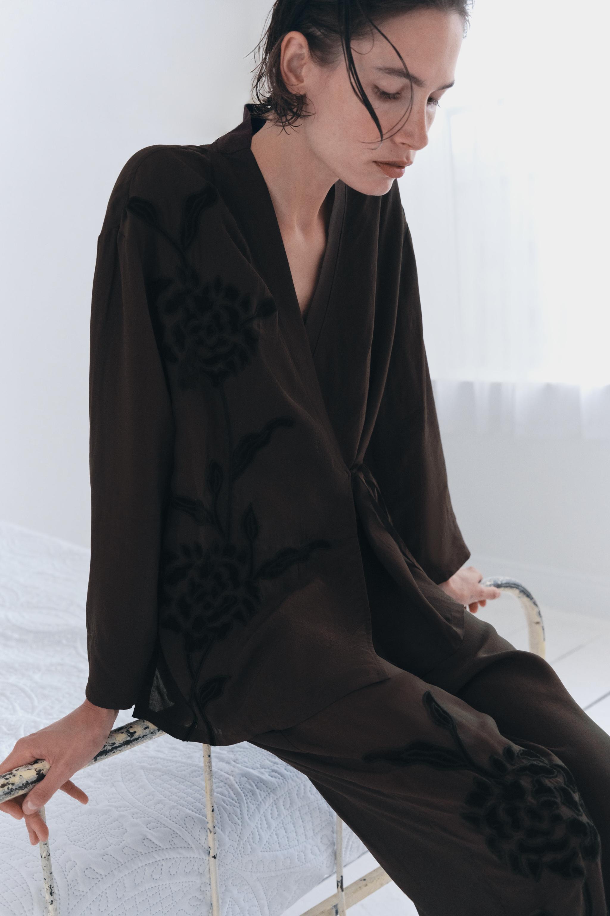 VELVET EMBROIDERY WRAP BLOUSE