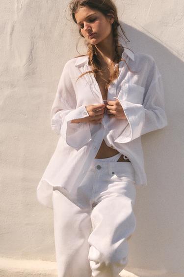 KEMEJA CHIFFON OVERSIZE KANTONG - Putih dari Zara