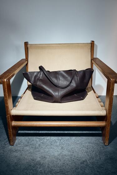 Zara LEATHER MAXI SHOPPER BAG - Chocolate