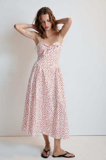 PRINTED POPLIN MIDI DRESS - White / Red by Zara