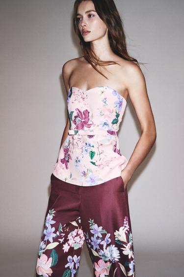 Zara FLORAL PRINT BELTED BUSTIER TOP - Multicolored