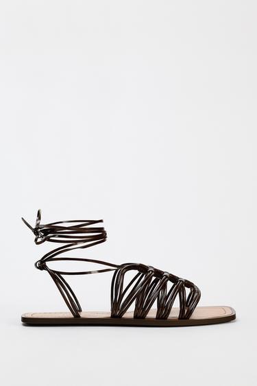 TIE-UP FLAT MULTI-STRAP SANDALS - Brown by Zara