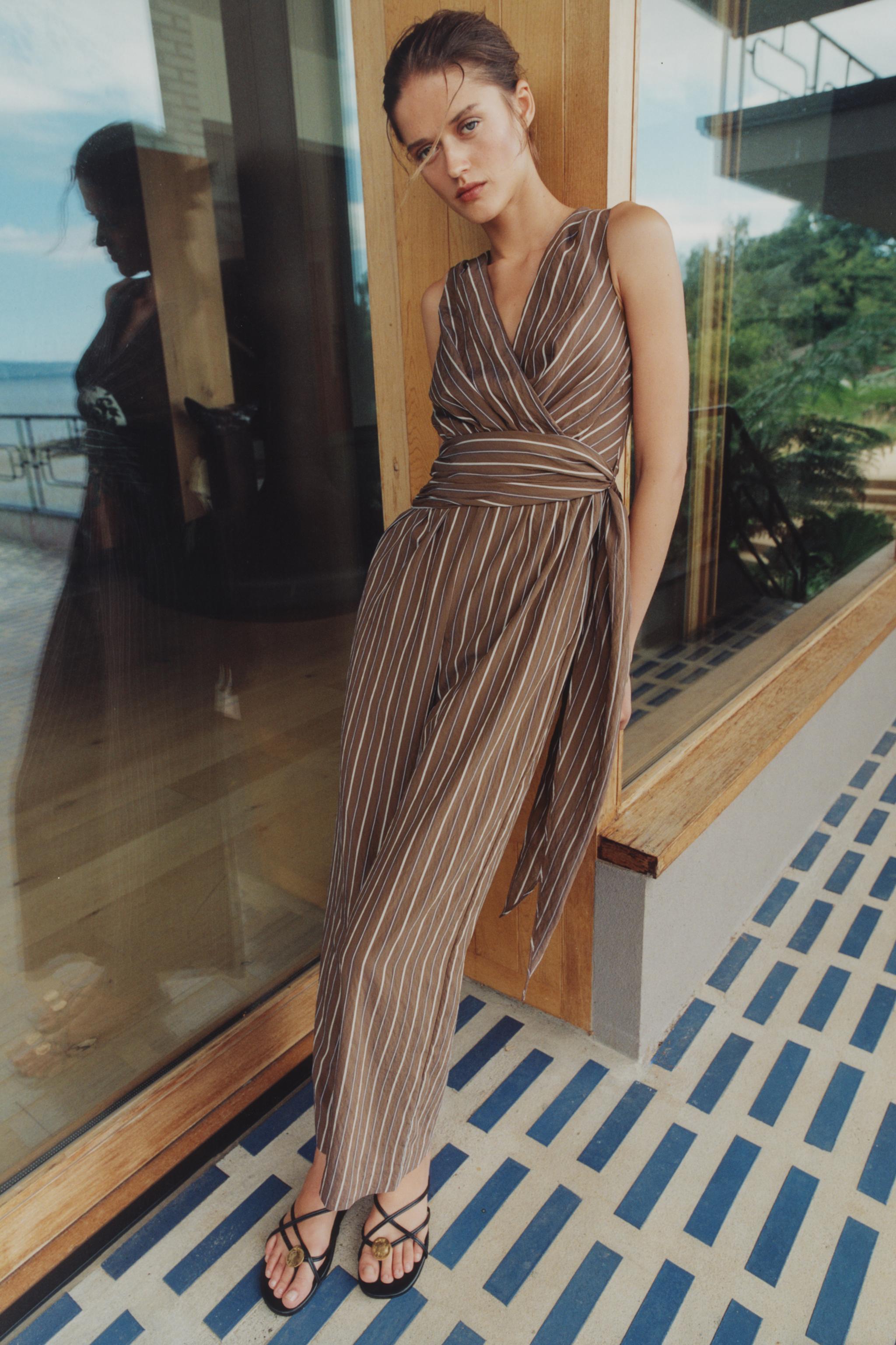 STRIPED BELTED JUMPSUIT