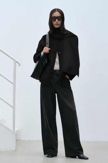 SHORT WOOL COAT WITH SCARF - Black by Zara