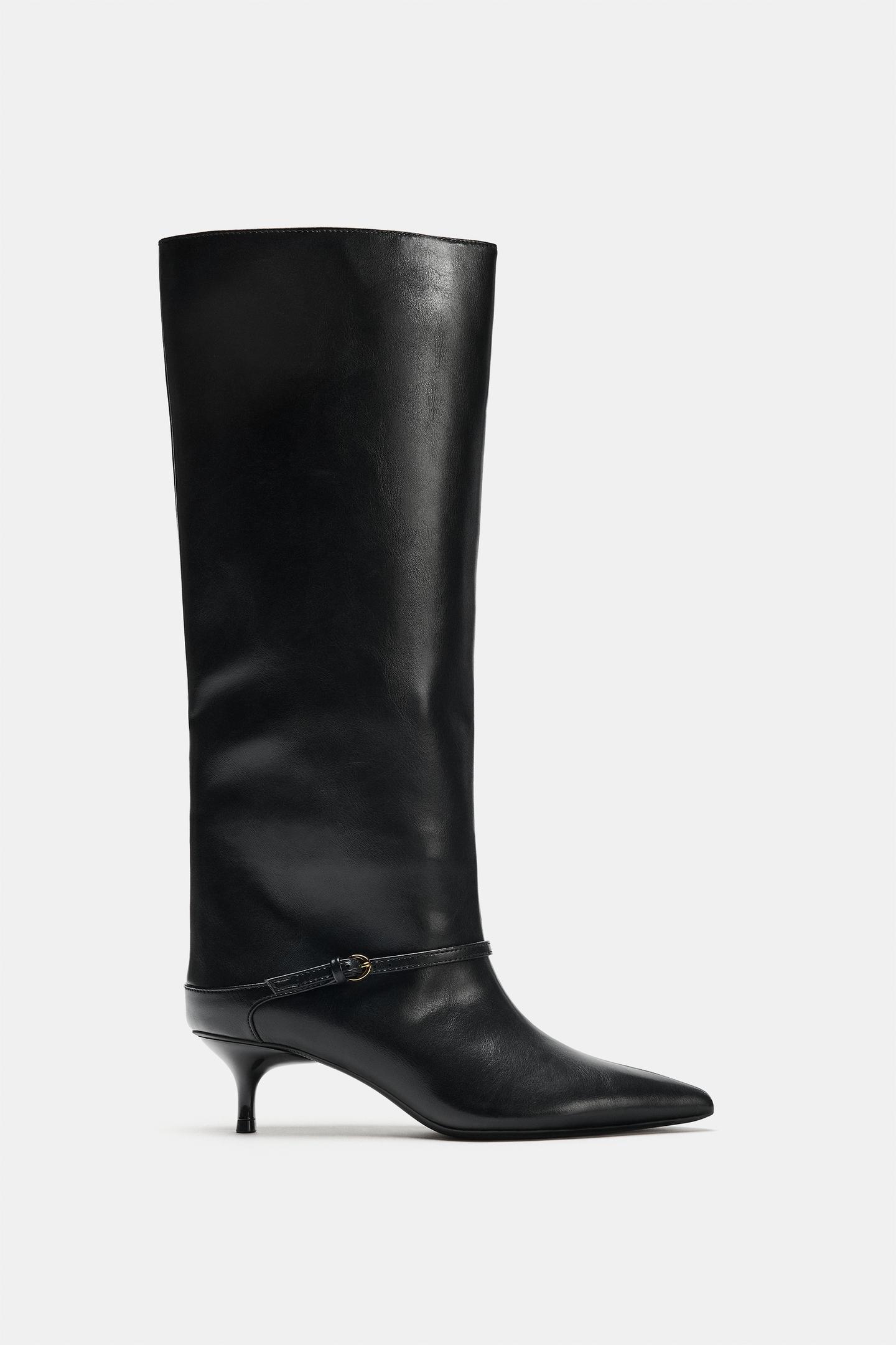 Женские ботинки Zara Buckled Kitten Heel Tall, цвет: Чёрный — фото 4