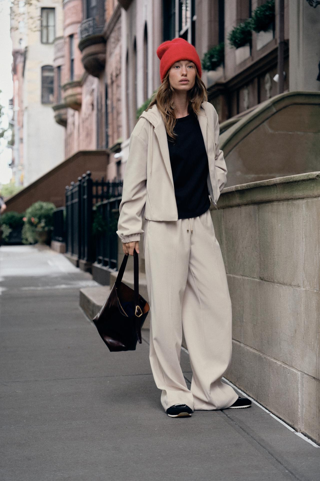 ELASTIC WAIST WIDE LEG PANTS — Ecru