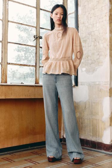 Zara ZW COLLECTION 浪漫風刺繡襯衫 - 淺桃紅色