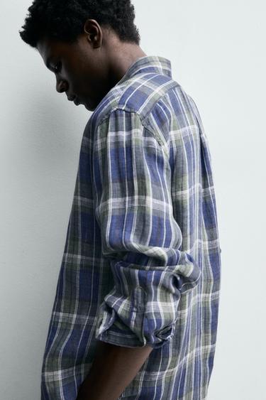 100% LINEN CHECKED SHIRT - Blues by Zara - Image 5