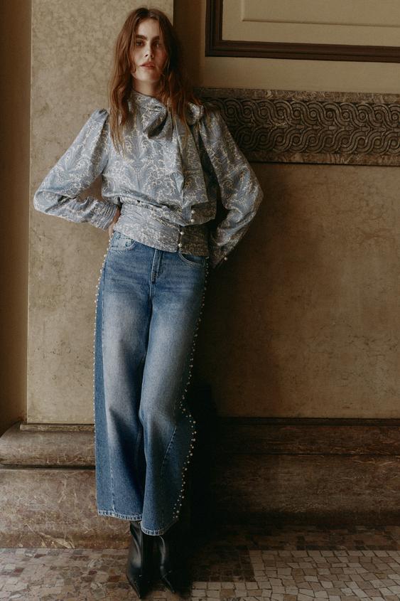 PRINTED BLOUSE WITH BOW - Ecru / Blue by Zara - Image 0