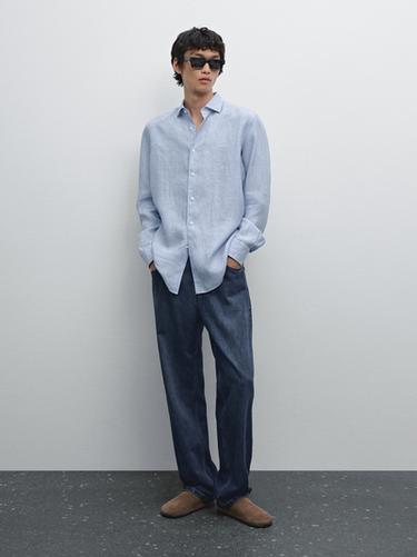 Zara Regular fit striped 100% linen shirt - Green stripe - Image 0