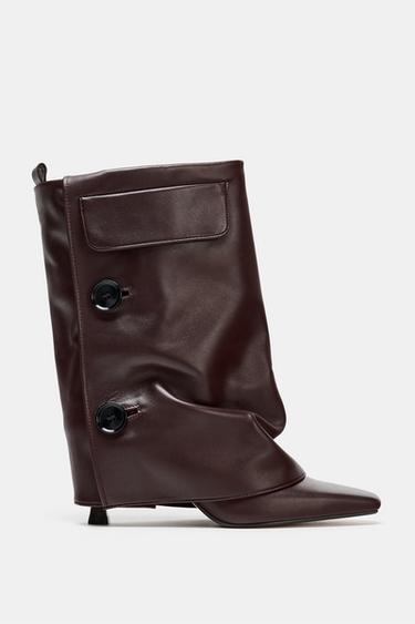 LEATHER FOOTED LEGGINGS HEELED ANKLE BOOTS - Burgundy Red by Zara
