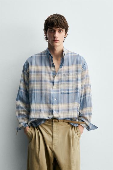 RELAXED FIT CHECK SHIRT - Grey / Blue by Zara