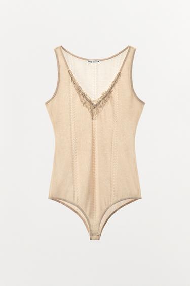 Zara EMBROIDERED KNIT BODYSUIT - Vanilla