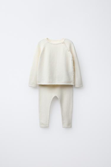 Zara 紋理針織衫和長褲套裝 - 裸色
