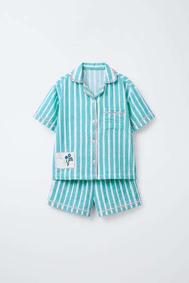Zara 2-6 歲/條紋紋理刺繡花朵睡衣 - 藍色 / 白色