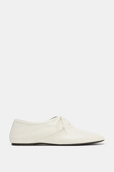FLAT LACE-UP LEATHER SHOES - Ecru White by Zara