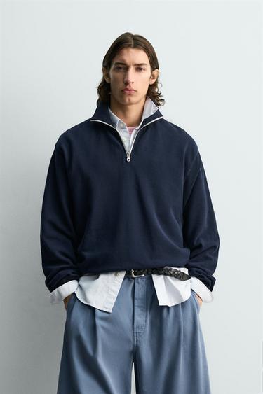 PIQUÉ QUARTER-ZIP SWEATSHIRT - Navy blue by Zara