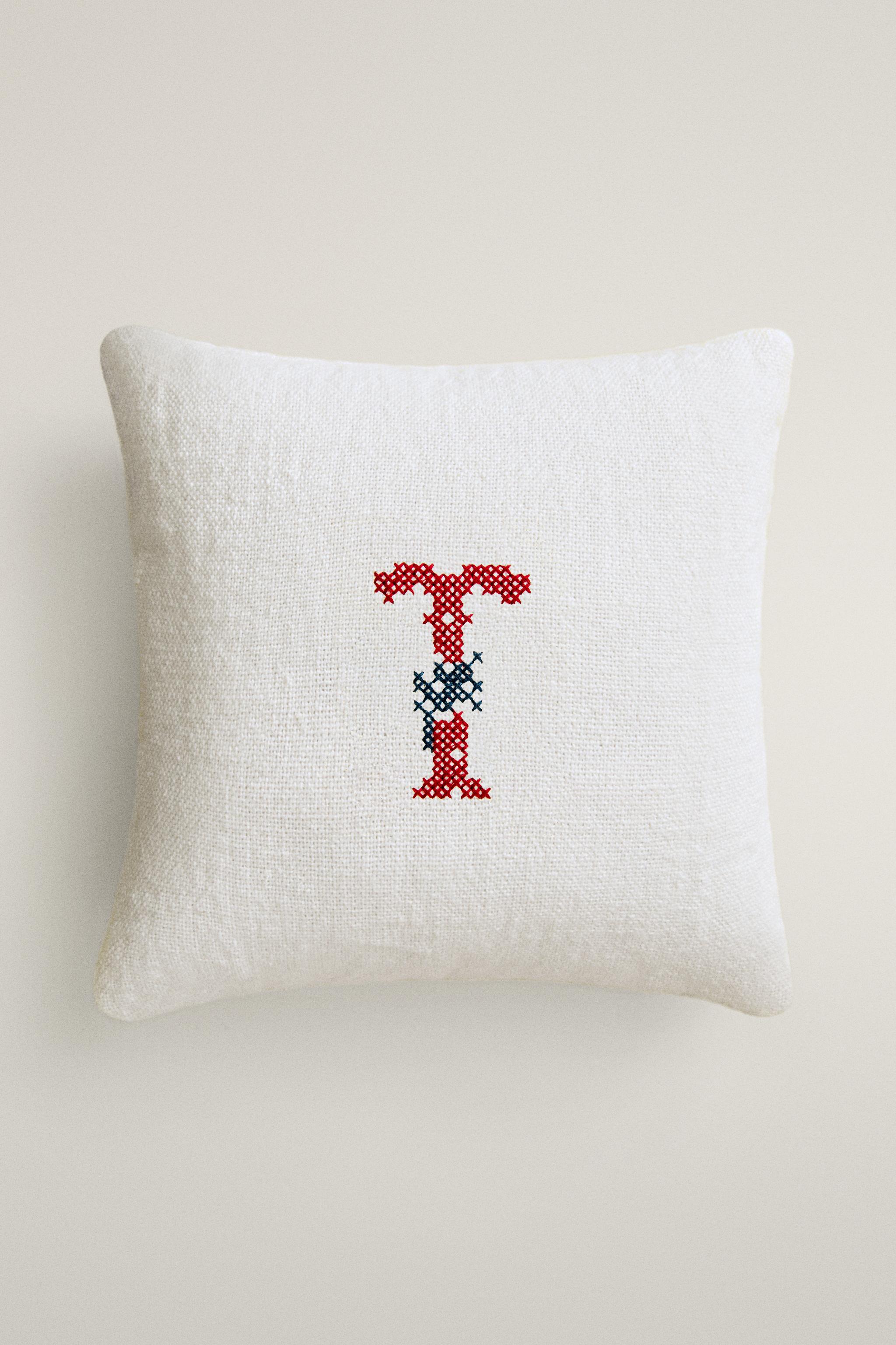 LETTER T EMBROIDERED LINEN CUSHION